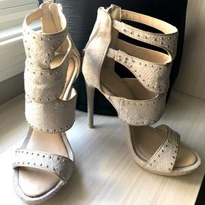 BCBG Creme Suede Open Toe stiletto.